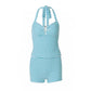 Woman 2 Piece Outfit Set Summer Vacation Blue Striped Knit Halter Top and Shorts Matching Sets