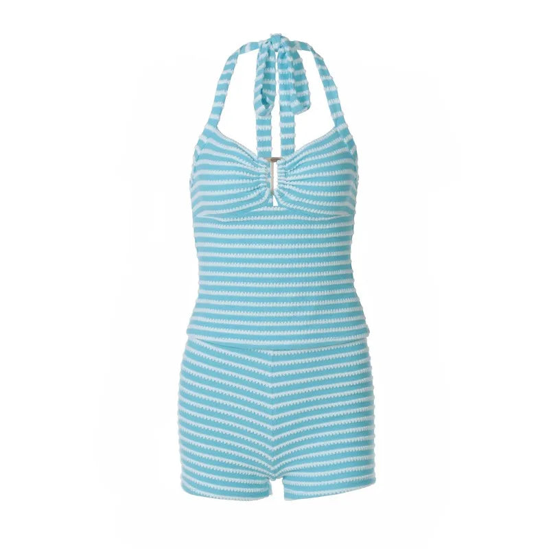 Woman 2 Piece Outfit Set Summer Vacation Blue Striped Knit Halter Top and Shorts Matching Sets