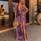 Purple Leopard Print Deep V Backless Split Long Dresses Sexy Elegant Beach Party Dresses Woman Resort Wear