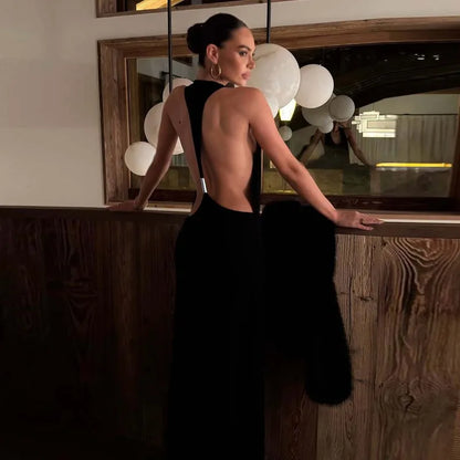Racerback Maxi Dress Open Back Hardware Detail Black Cocktail Dresses Sexy Party Outfit for Woman 2026