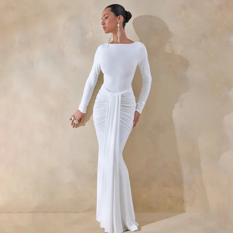 Long Sleeve Draped Front Maxi Dress 2026 Evening Gown White Classy Dresses for Woman Elegant Fall Clothing