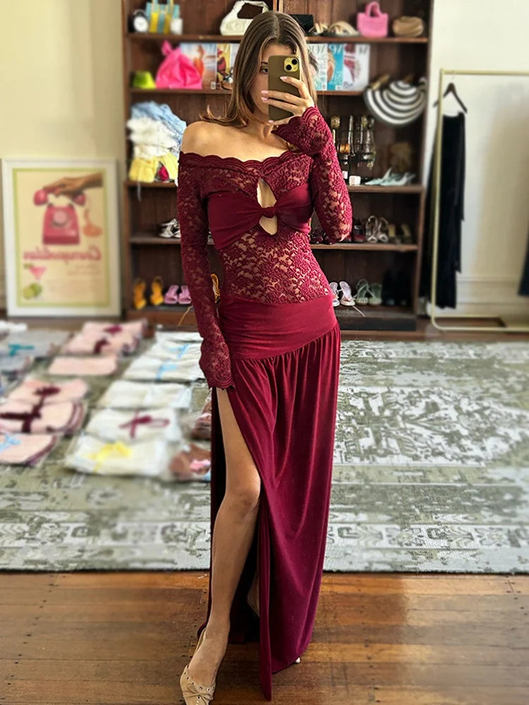 Off Shoulder Long Sleeve High Split Maxi Dresses Woman See Through Lace Patchwork Long Dresses Luxury