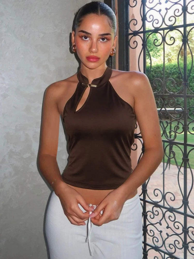 Metal Buckle Tank Tops Women Summer Trend Y2K Daily Basic Classic Hollow Streetwaer Stretch Chic Solid Simple Vest