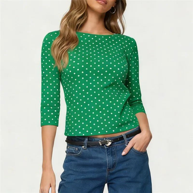 Women's Spring Summer T-Shirt Quarter Sleeve Round Neck Dots Print Slim Fit Tops Blouse Casual Daily Streetwear
