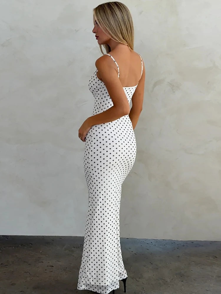 Polka Dot Spaghetti Strap Sexy Maxi Dress Women Gown Elegant White V Neck Sleeveless Backless Bodycon Club Long Dress