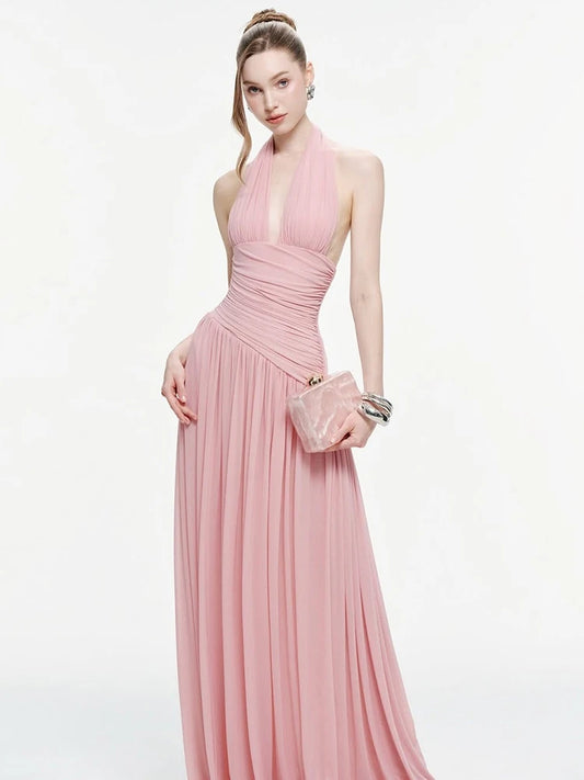 Backless Fashion Draped Maxi Dress Women Halter Bandage Tassel v-Neck Sleeveless Birthday Party Elegant Chic Vestidos