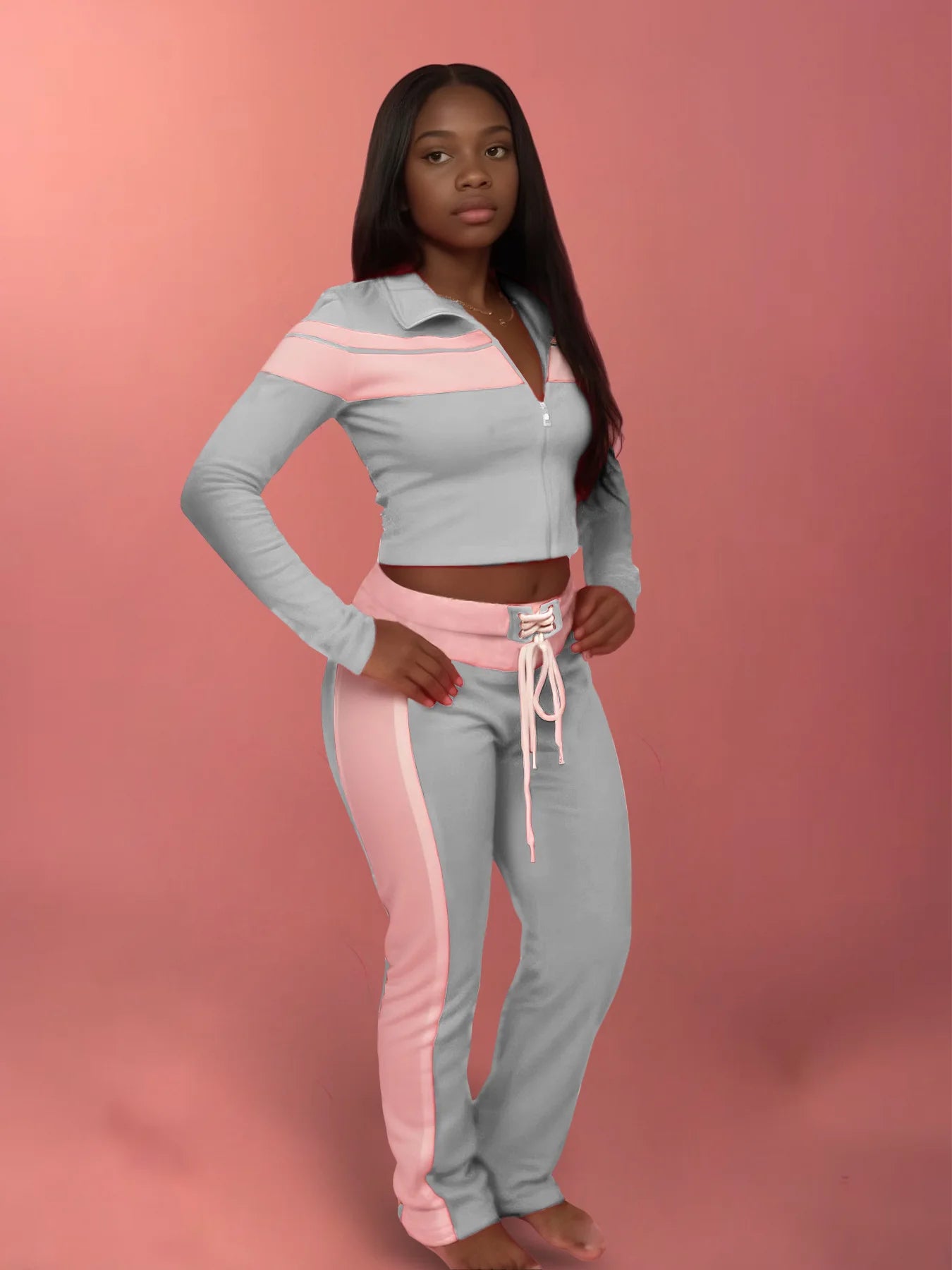 Casual 3 Piece Set Women Patchwork Print Zip Long Sleeve Crop Tops+Bra+Shirring Pants Matching Street Stretch Outfits