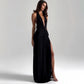 Sexy Deep V Neck Backless Split Maxi Dresses Woman Yellow Black Party Dress Elegant Clothes