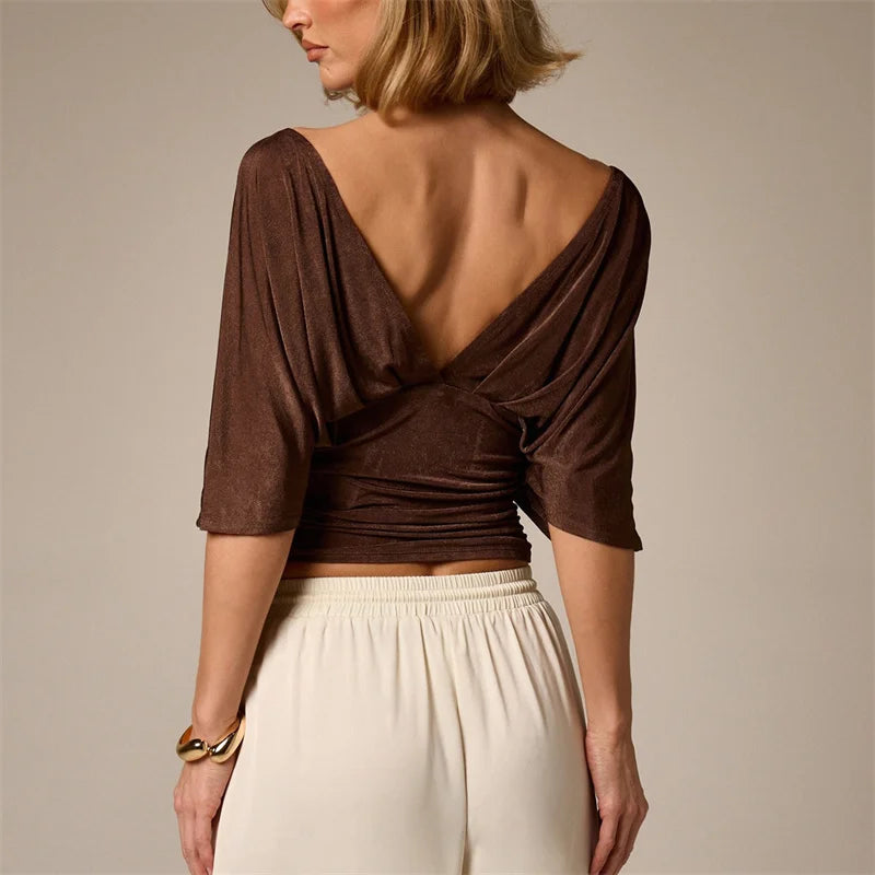Sexy Deep V-Neck High-Waisted Spliced T-Shirt Women Fashion Solid Waist Shaping Short Sleeves Top Summer Street T-Shirt