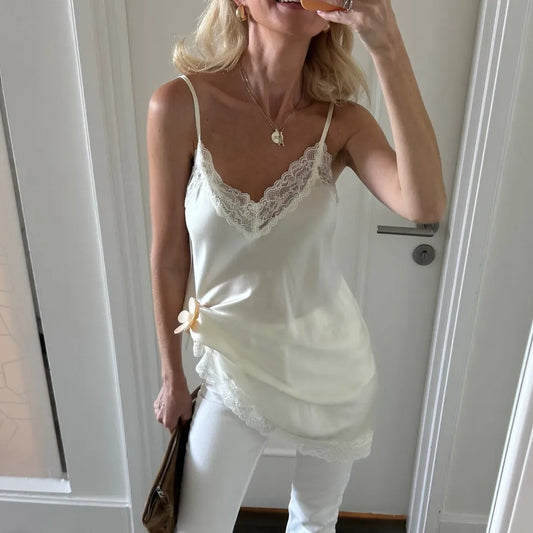 Women Y2K Lace Trim Camisole Tops Dress Backless Spaghetti Strap Tank Top Sleeveless Flowy Tunic Blouses Summer Tops