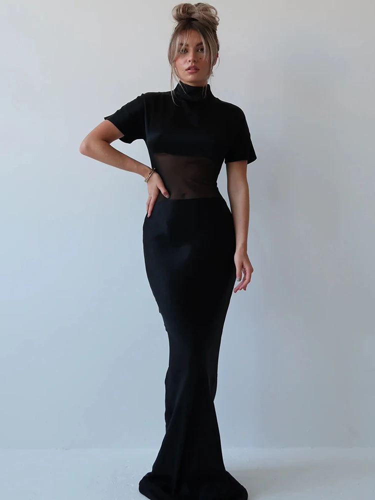 Turtleneck Short Sleeve Sexy Maxi Dress Women Gown Elegant Patchwork Mesh Sheer Backless Bodycon Club Party Long Dress