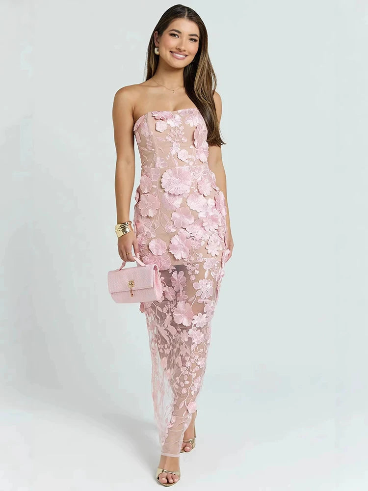 Women Strapless 3D Floral Lace Mermaid Sexy Maxi Dress Sheer Mesh Bodycon Long Dress Wedding Guest Evening Party Gown