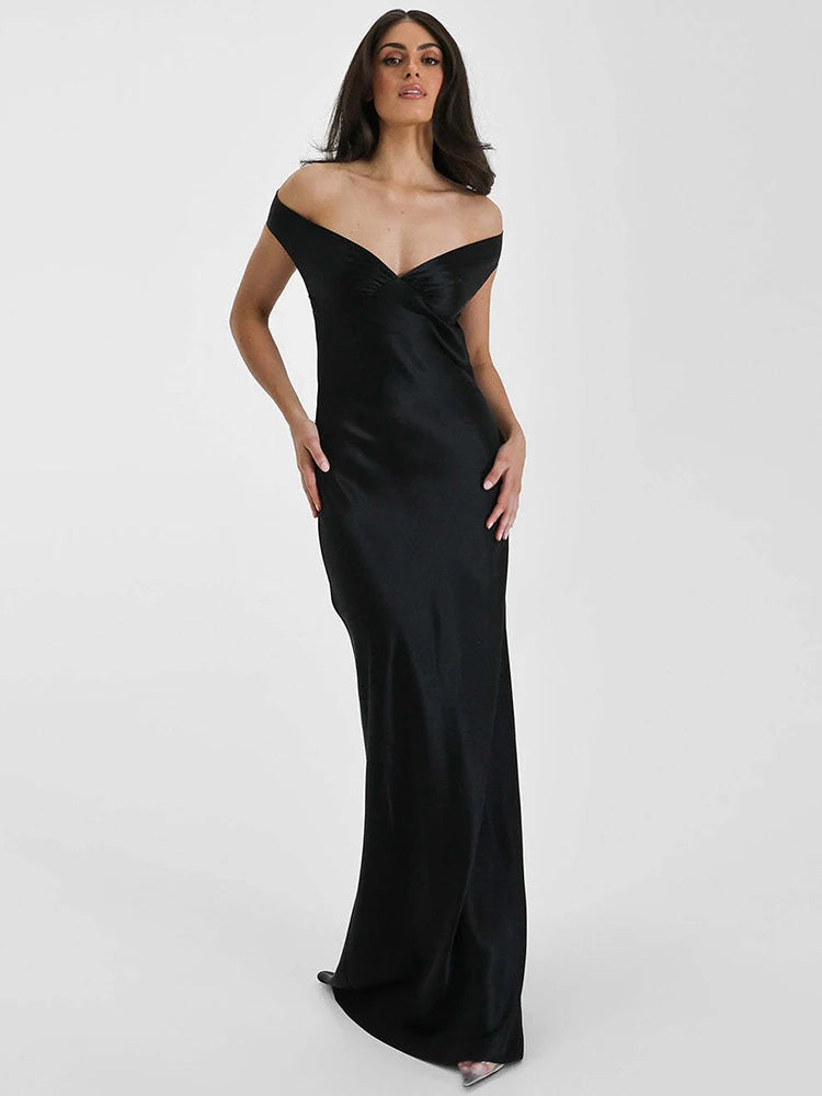 Satin Off-shoulder Backless Sexy Maxi Dress Women Gown Fashion Strapless Sleeveless High Waist Club Party Long Dresses