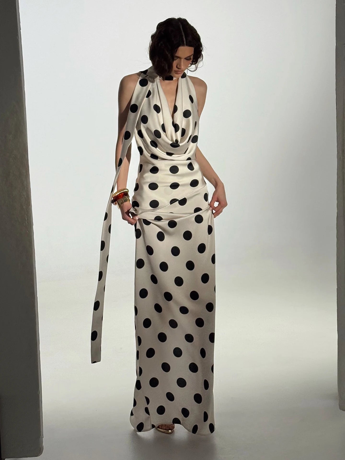 Elegant Polka Dot Print 2 Piece Set Women Sexy Halter Backless Swing Collar Bandages Tank Top+Skirt Chic Party Suits