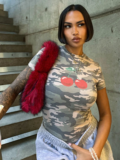 Camouflage Cherry Print T-Shirts Women Summer Trend o-Neck Short Sleeve Skinny Stretch Fashion Classic Streetwear