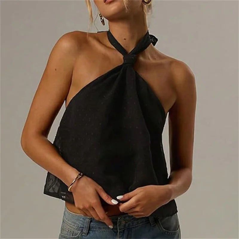 Summer Women Halter Neck Sleeveless Tank Sexy Open Back Tie Knot Backless Top Vest Elegant Swiss Dot Casual Streetwear