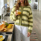 Women Fuzzy Mohair Knit Cardigan Striped Round Neck Button Front Cropped Sweater Long Sleeve Y2K Retro Streetwear Jacket