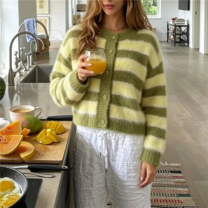 Women Fuzzy Mohair Knit Cardigan Striped Round Neck Button Front Cropped Sweater Long Sleeve Y2K Retro Streetwear Jacket
