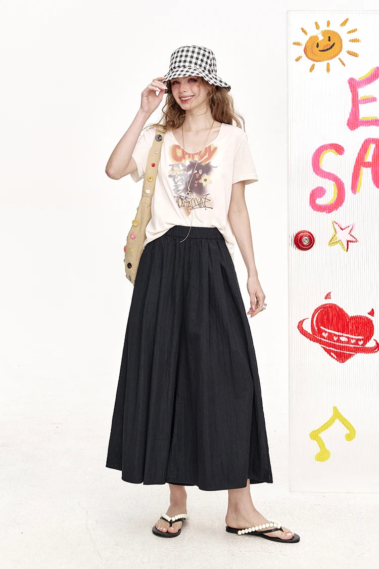 Elastic Waist Pleated Side Pocket Wide Leg Cropped Pants for Women