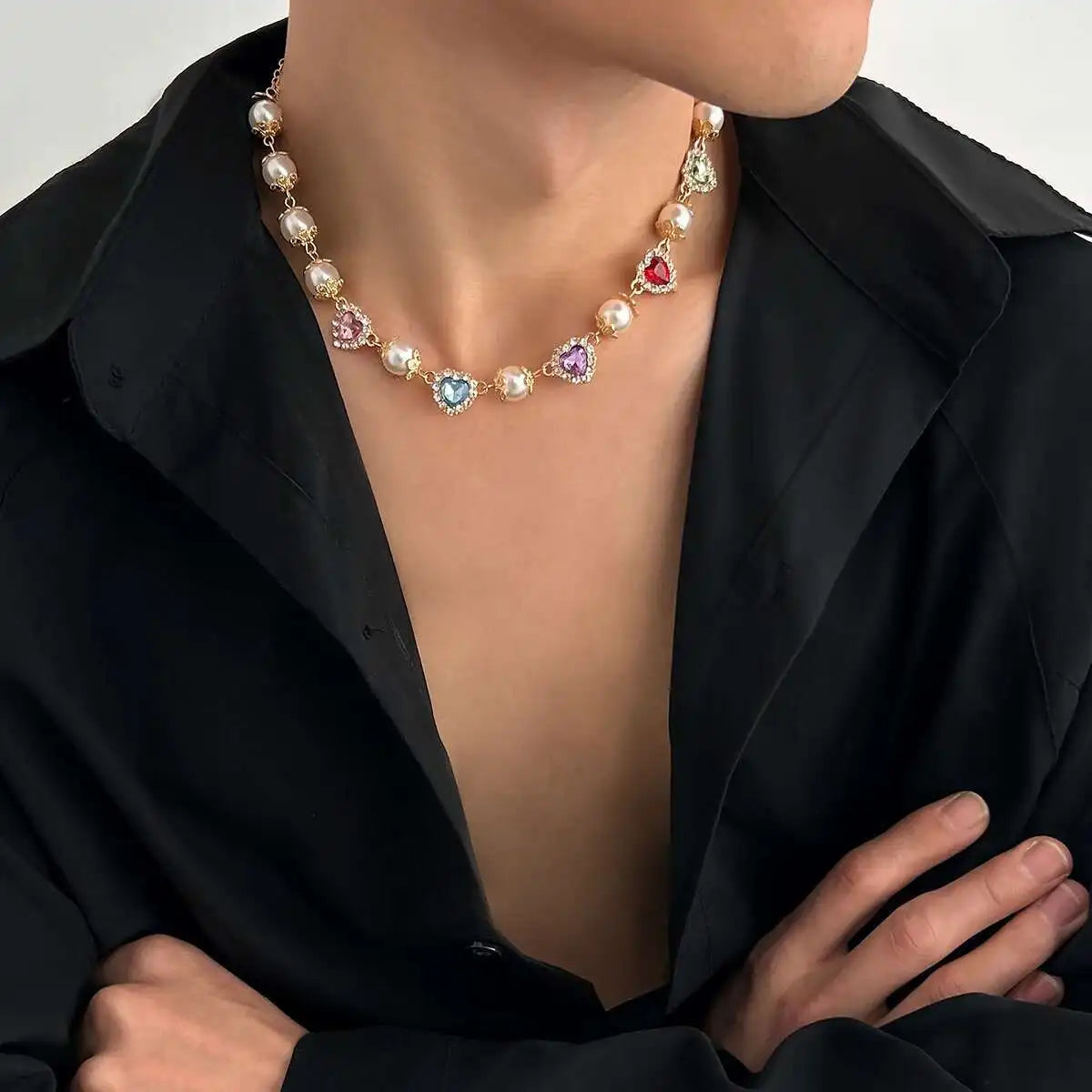 Multilayer Rhinestone Love Heart Imitation Pearl Chain Necklace Women Creative Jesus Cross Pendant Choker Y2K Jewelry