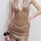 Hottie Sequin Dress Women Fashion Mesh Patchwork Backless Halter Ruched V-Neck Sleeveless Trend Party Club Bodycon