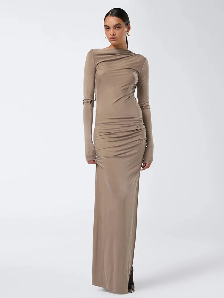 Christmas Folds Backless Maxi Dress Women Side High Slit Full Sleeve Solid Skinny Elegant Prom Party Simple Vestidos