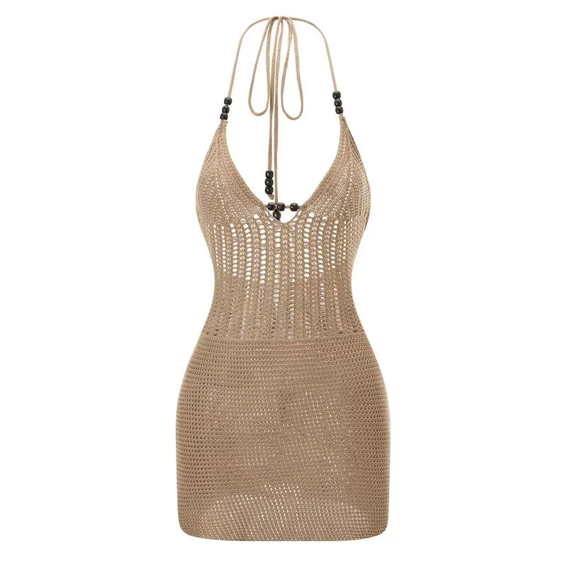 Women Backless Halter Mini Dress Casual Summer Knit Crochet Cutout Bodycon Party Dress for Beach Club Streetwear