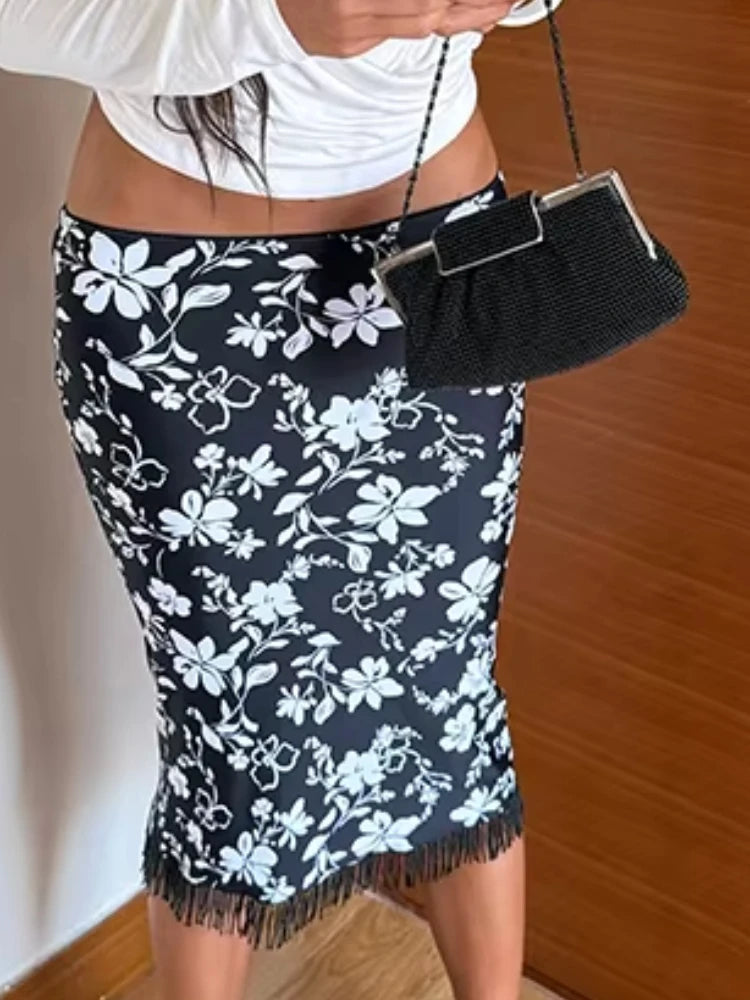 Back Slit Tassel Skirt Women Floral Print Elastic Waist Elegant Office Style Daily Summer Fashion Party Chic Streetwear