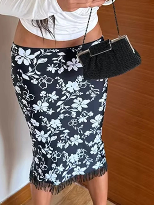 Back Slit Tassel Skirt Women Floral Print Elastic Waist Elegant Office Style Daily Summer Fashion Party Chic Streetwear