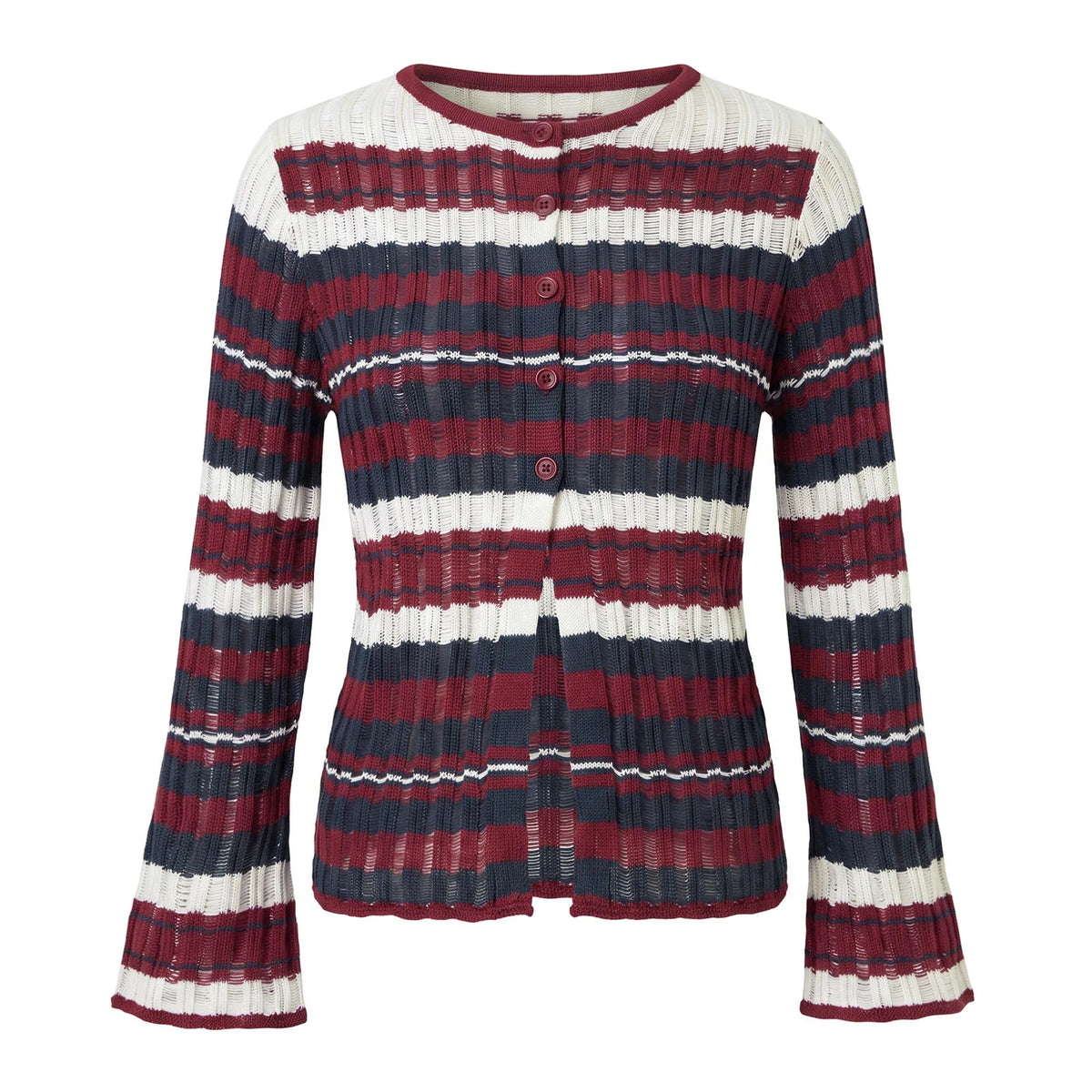 Women Round Neck Striped Ribbed Knit Sweater Flare Sleeve Button Front Slim Fit Cropped Cardigan Street Casual Outerwear