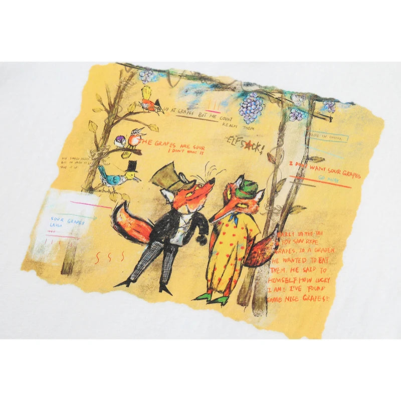 Fox Print Oversized T-Shirt, White Short Sleeve Tee Casual Cartoon Graphic Top