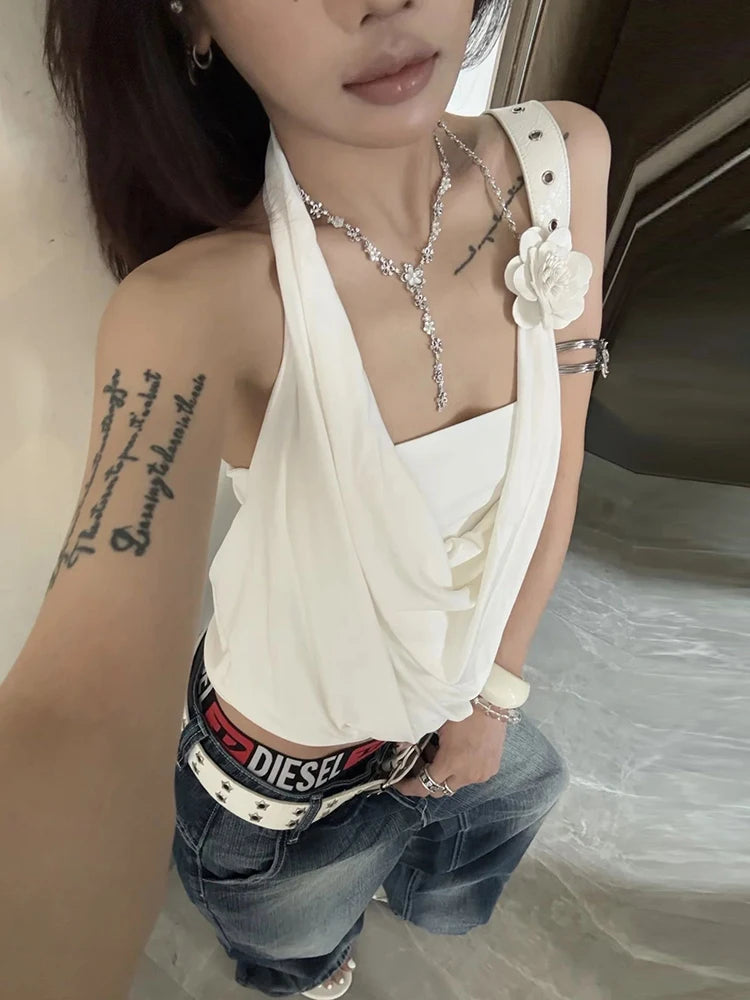 Y2K Chic Tube Top+Swing Collar Vest Chain Halter Sexy Backless Sleeveless 3d Flowers Daily Summer Trend Commute Tees