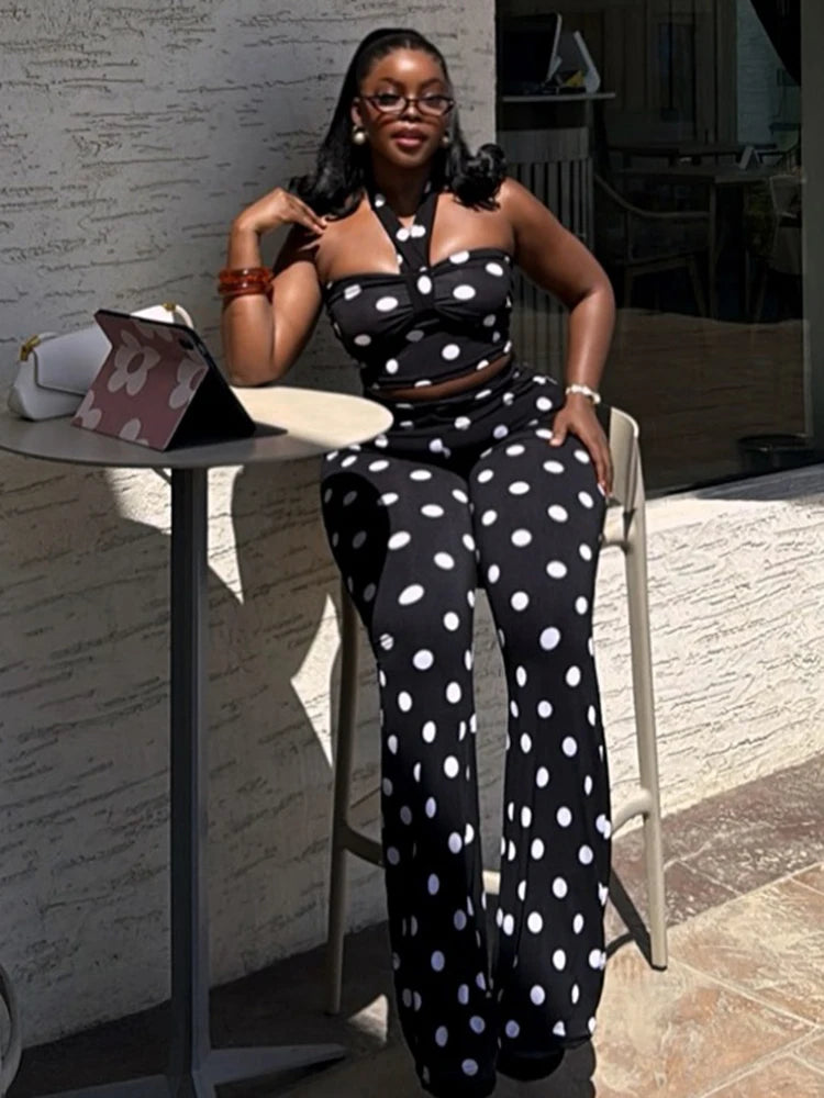 Sexy Fashion 2 Piece Set Woman Polka Dot Print Halter Backless Tank Tops+Elastic Waist Pants High Street Style Suits