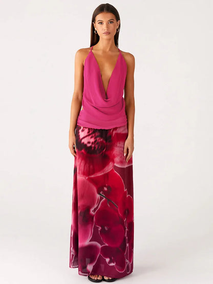 Mesh Print Sexy Dress Set Women Deep V Neck Tank Tops And Maxi Skirt Matching Sets Female Elegant Club Two Piece Set
