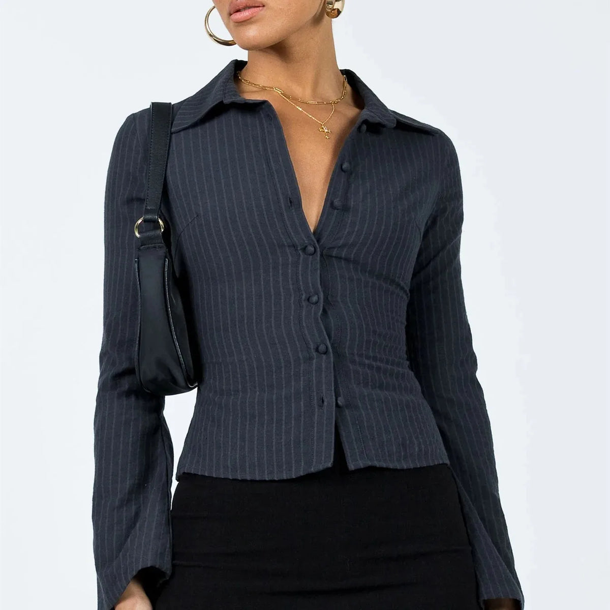 Women Y2k Button Down Shirts Casual Long Sleeve V Neck Collared Slim Fit Crop Top E-Girls Coquette Vintage Blouse