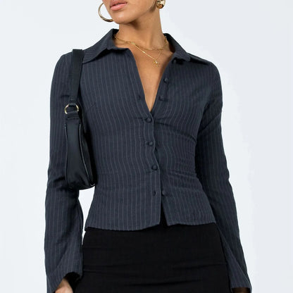 Women Y2k Button Down Shirts Casual Long Sleeve V Neck Collared Slim Fit Crop Top E-Girls Coquette Vintage Blouse