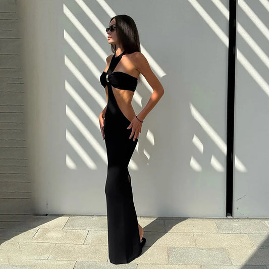 Halter Off-shoulder Sexy Maxi Dress Set Women Elegant Cut Out Sleeveless Backless Crop Top And Maxi Skirt Matching Sets