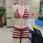 Women's 2PCS Knit Bathing Suits Sleeveless Halter Neck Striped Bra with Drawstring Thong Sets Summer Holiday Beacwear