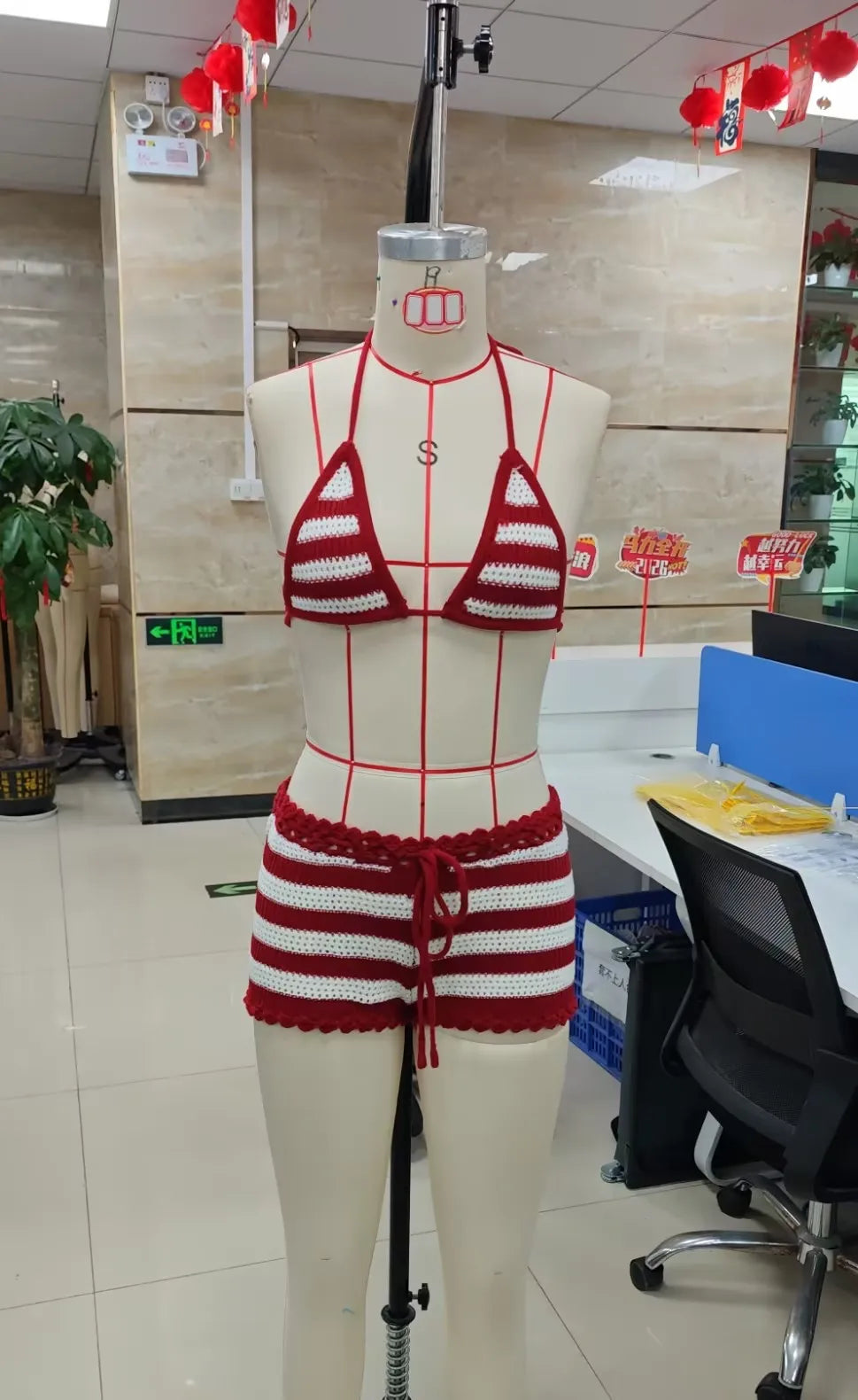 Women's 2PCS Knit Bathing Suits Sleeveless Halter Neck Striped Bra with Drawstring Thong Sets Summer Holiday Beacwear