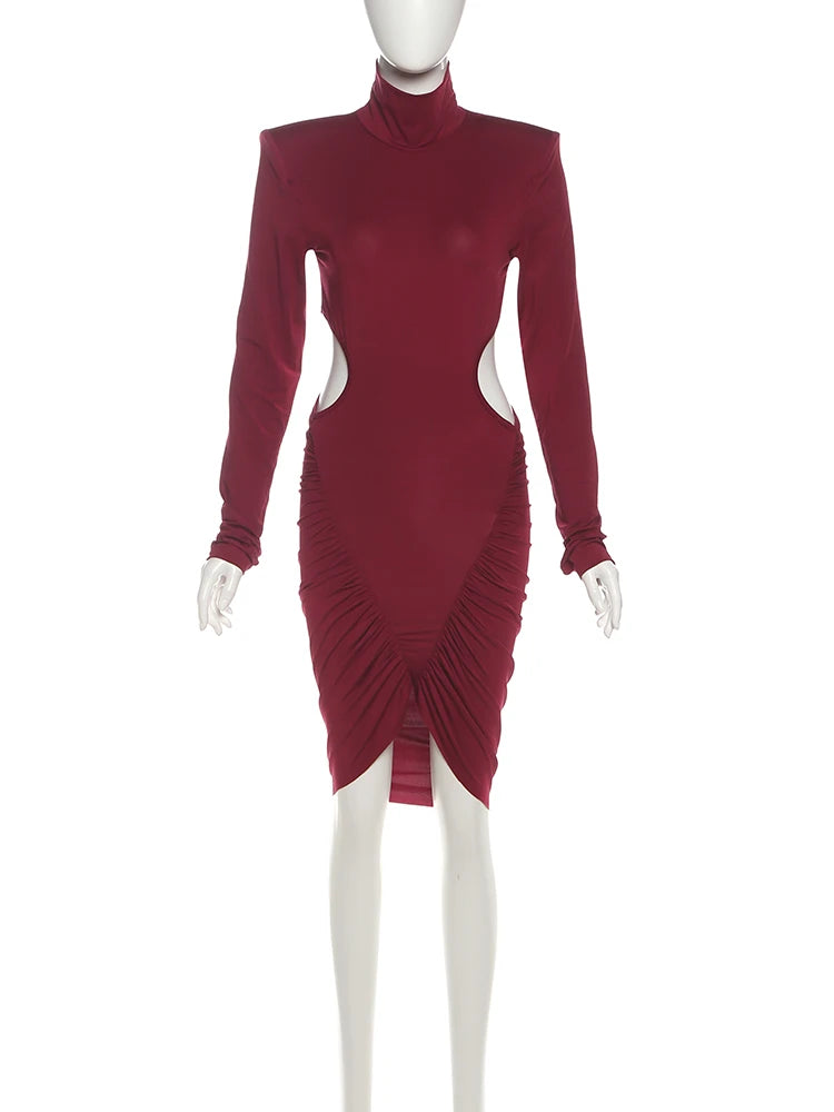 Elegant Hollow Dress Women Turtleneck Ruched Patchwork Full Sleeve Irregular Hem Skinny Stretch Party Club Bodycon