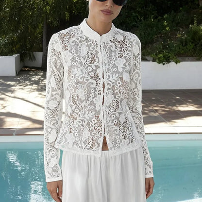 Women Long Sleeve Lace Blouse Stand Collar Floral Crochet Hollow Out Sheer Button Front Slim Vintage Cover Up Shirt