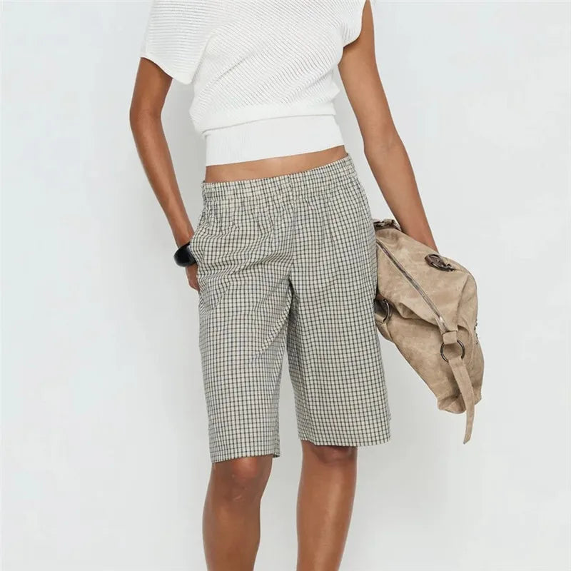 Vintage Plaid Check Bermuda Shorts Elastic Waist Loose Knee Length Trousers For Women Casual Summer Streetwear DailyWear