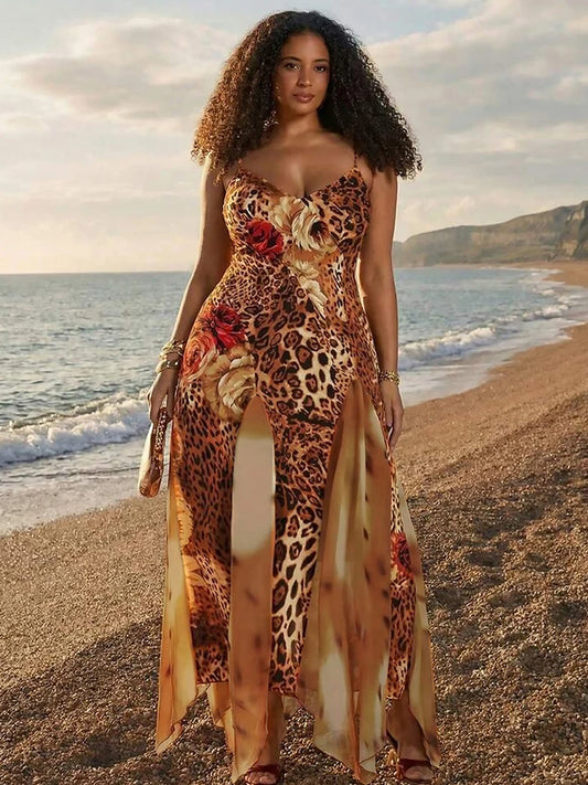 Colorful Leopard Print Dress Women Fashion Hottie Patchwork Irregular Hem Low-Neck Trend Wild Vacation Party Clubwear