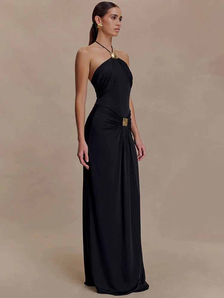 Halter Off-shoulder Backless Sexy Maxi Dress Women Elegant Metal Decoration Draped Ruched Bodycon Club Party Dress