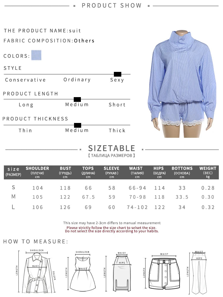 Stripe Patchwork 2 Piece Set Woman Autumn Trend Turtleneck Full Sleeve T-Shirts+Lace Edge Decoration Shorts Suits