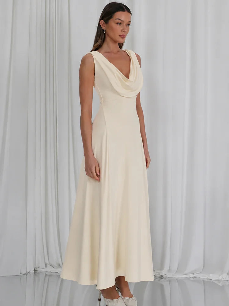 Cowl Neck Backless Sexy Midi Dress Women Elegant Ruched Waist Bodycon Long Evening Club Party Dress Female Gown