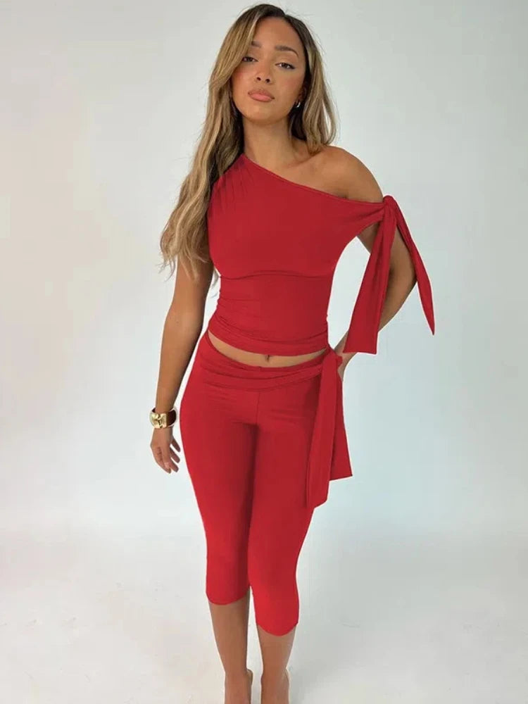 White 2 Piece Lace-up One Shoulder Top Knee Length Pant Coord Sets Women Clothing Elegant Summer Outfits