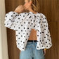 Y2K Women Polka Dot Blouse Puff Long Sleeve Stand Collar Shirt Back Bow Tie Loose Cropped Top Fall Casual Backless Shirt