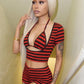 Street 3 Piece Women Striped Print Sexy Hottie Low-Neck Short Sleeve+Halter Bandages Tank Top+Bike Short Fashion Suit