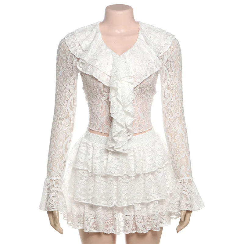 Ruched Elegant 2 Piece Set Women Jacquard V-Neck Ruffles Ribbon Flared Sleeve Tops+Tierred Skirts Y2K Style Outfits